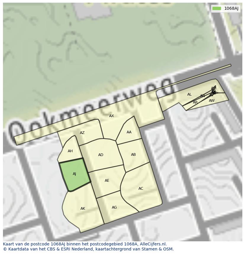 Afbeelding van het postcodegebied 1068 AJ op de kaart.