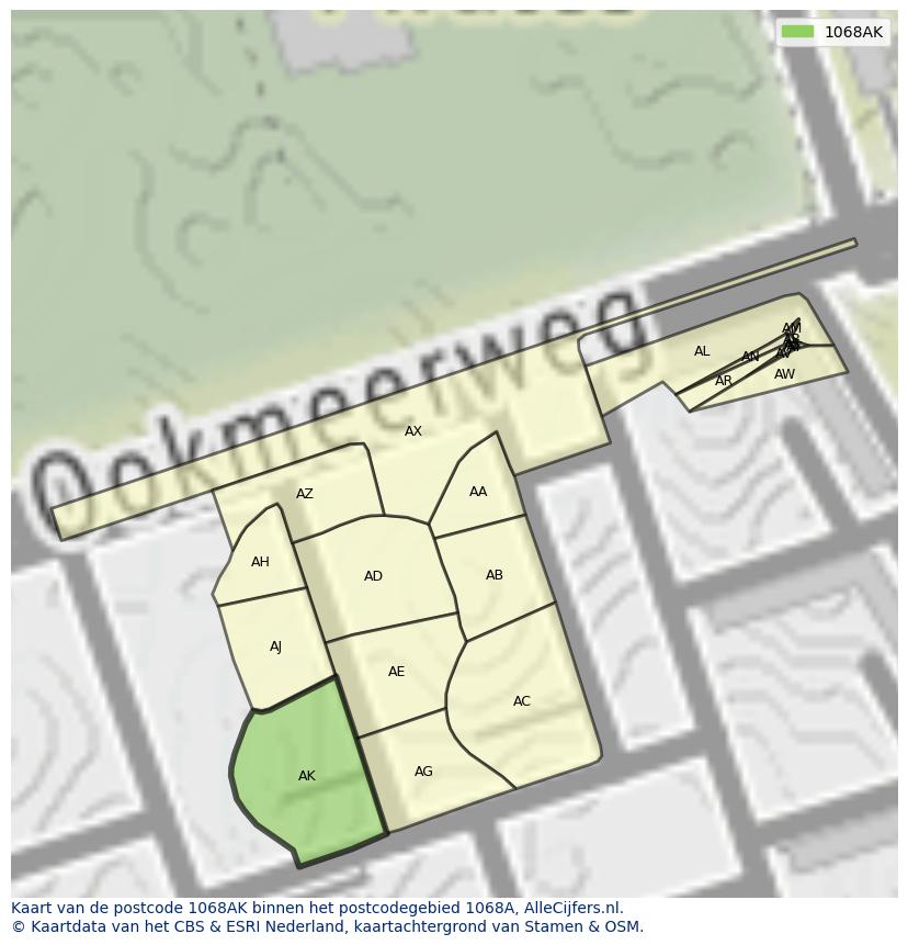 Afbeelding van het postcodegebied 1068 AK op de kaart.
