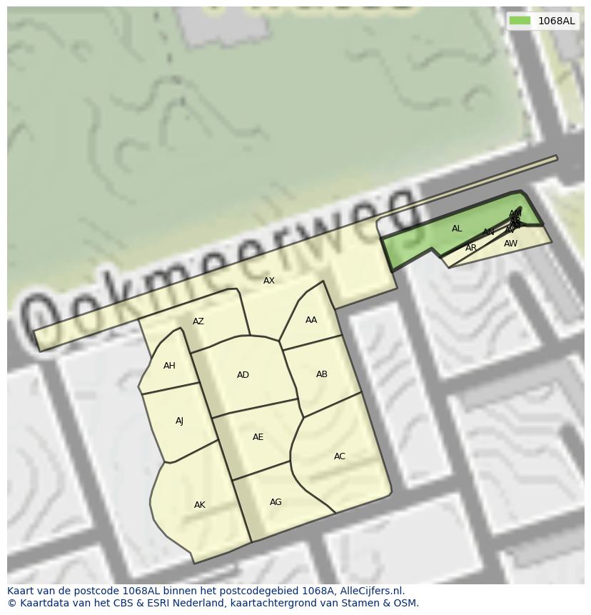 Afbeelding van het postcodegebied 1068 AL op de kaart.