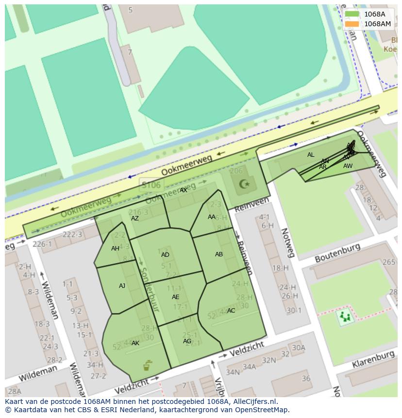 Afbeelding van het postcodegebied 1068 AM op de kaart.