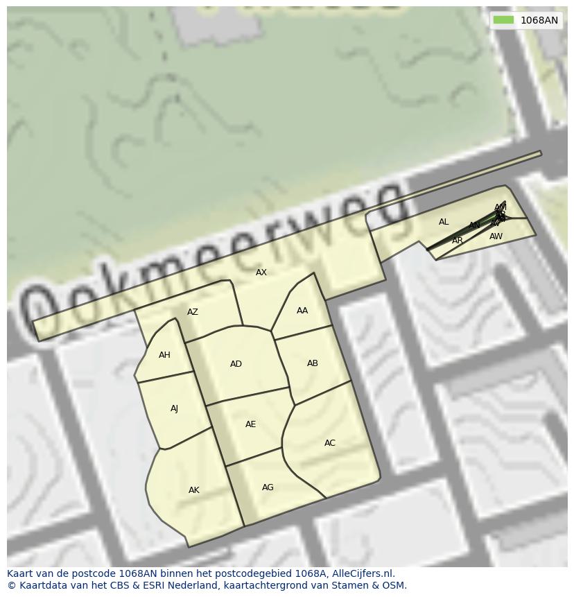 Afbeelding van het postcodegebied 1068 AN op de kaart.