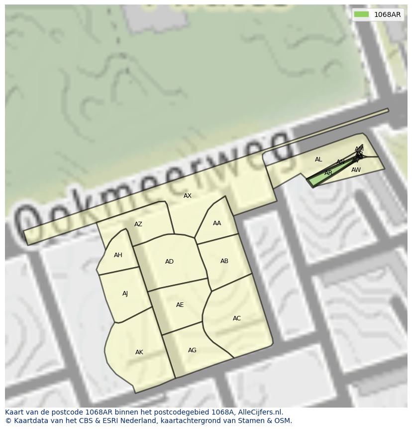 Afbeelding van het postcodegebied 1068 AR op de kaart.