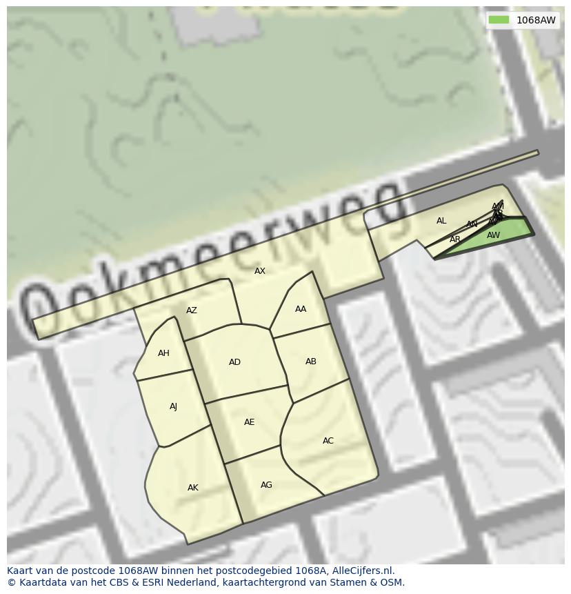 Afbeelding van het postcodegebied 1068 AW op de kaart.