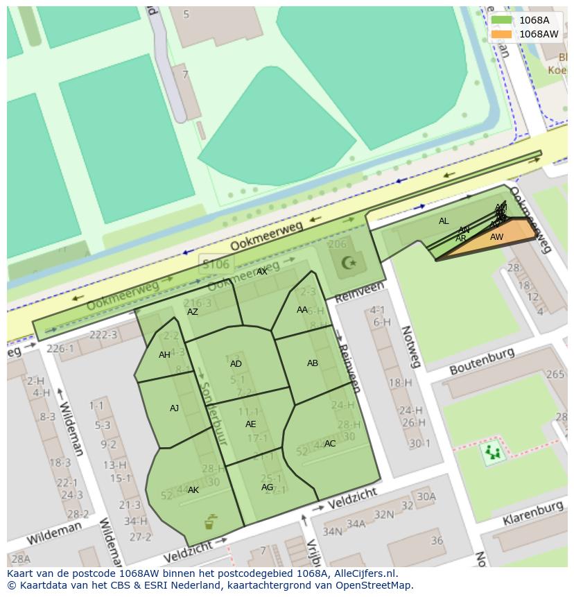 Afbeelding van het postcodegebied 1068 AW op de kaart.