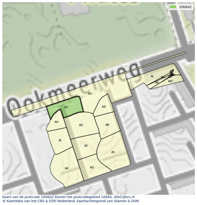 Afbeelding van het postcodegebied 1068 AZ op de kaart.