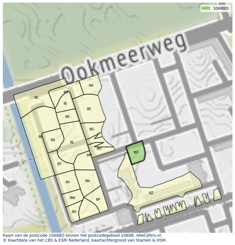 Afbeelding van het postcodegebied 1068 BD op de kaart.