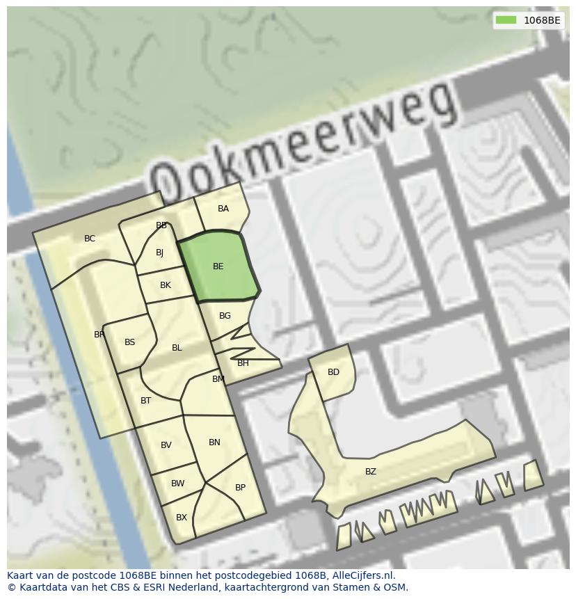 Afbeelding van het postcodegebied 1068 BE op de kaart.