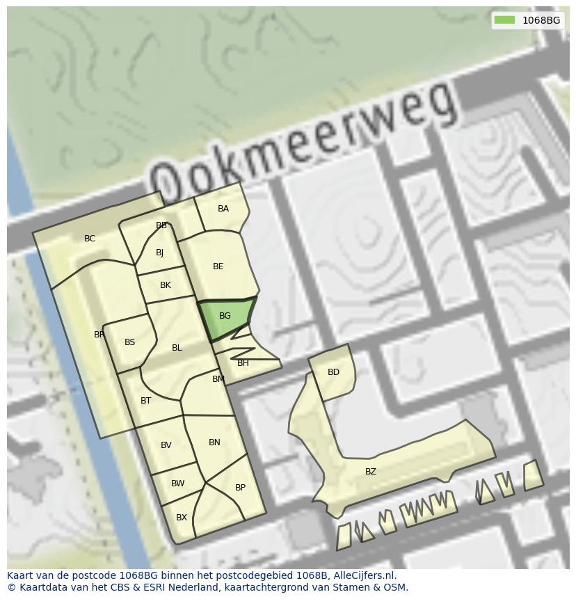 Afbeelding van het postcodegebied 1068 BG op de kaart.