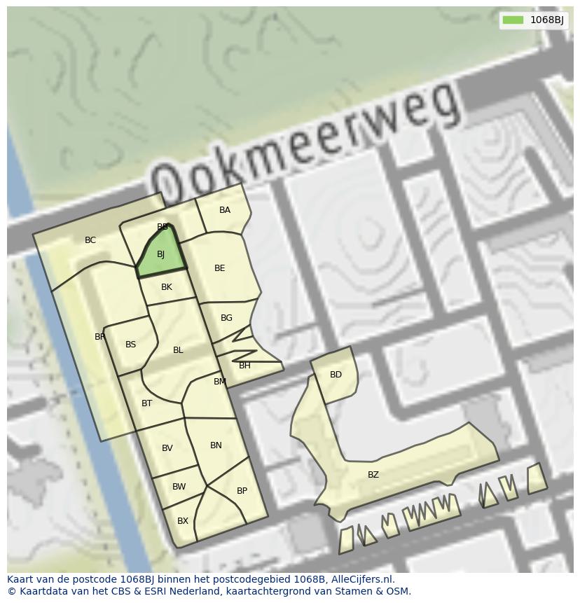 Afbeelding van het postcodegebied 1068 BJ op de kaart.