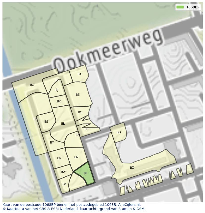 Afbeelding van het postcodegebied 1068 BP op de kaart.