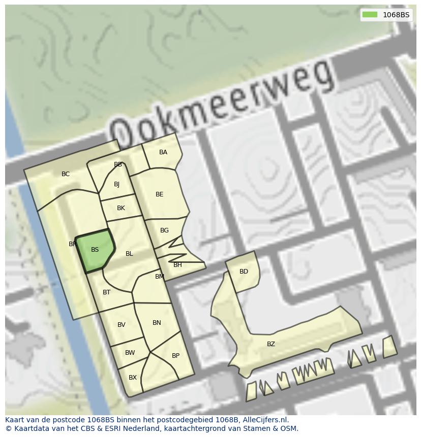 Afbeelding van het postcodegebied 1068 BS op de kaart.