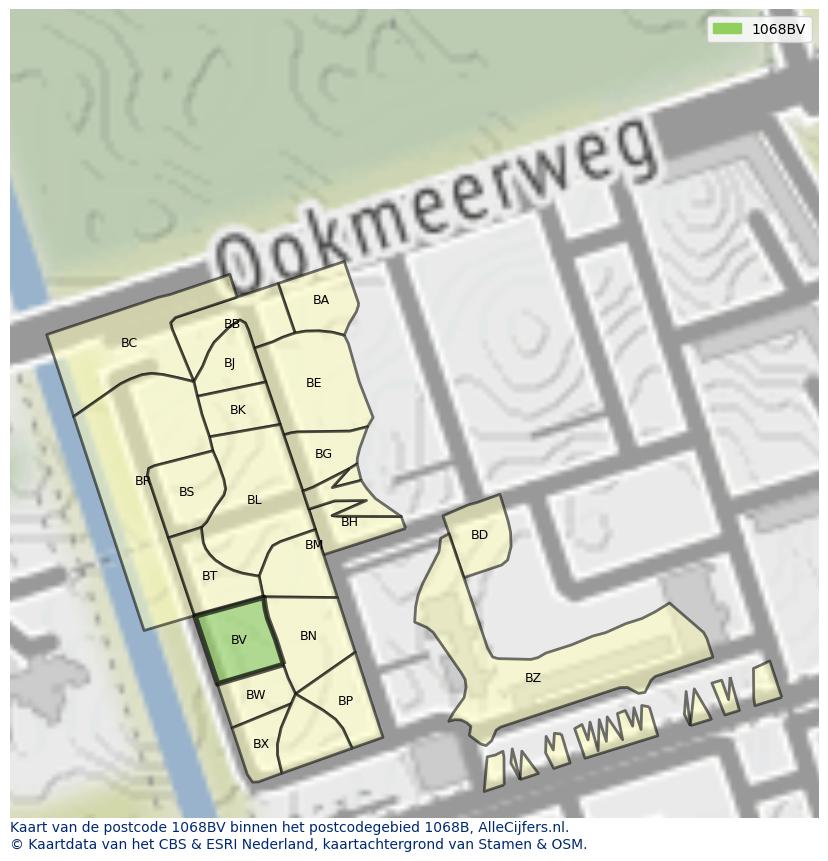Afbeelding van het postcodegebied 1068 BV op de kaart.