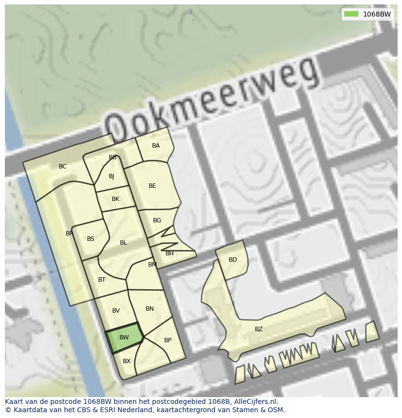 Afbeelding van het postcodegebied 1068 BW op de kaart.