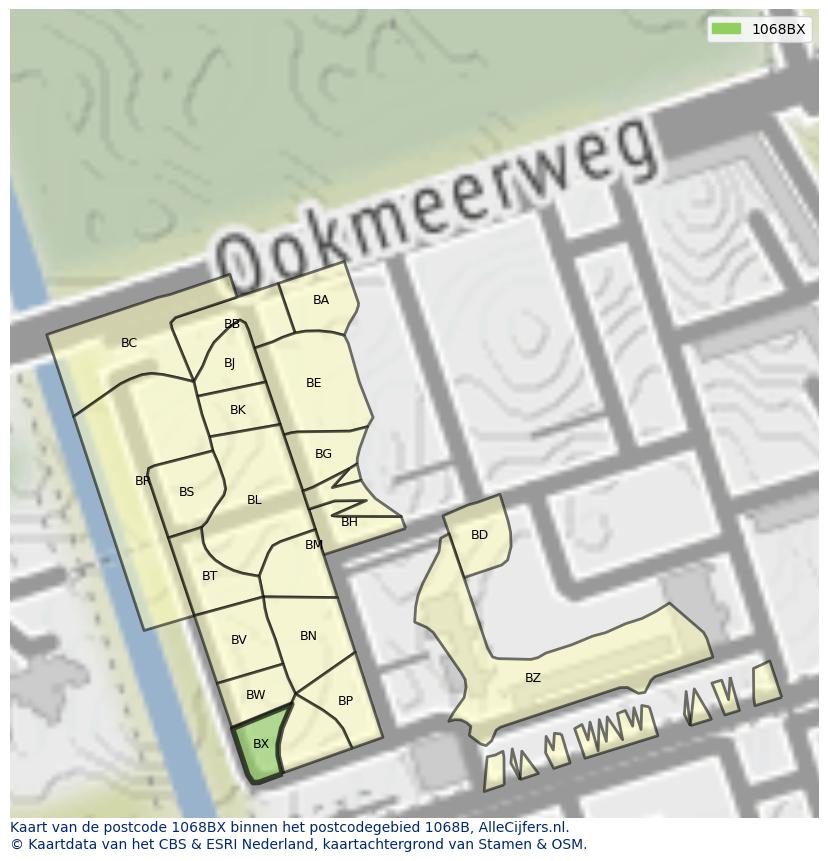 Afbeelding van het postcodegebied 1068 BX op de kaart.