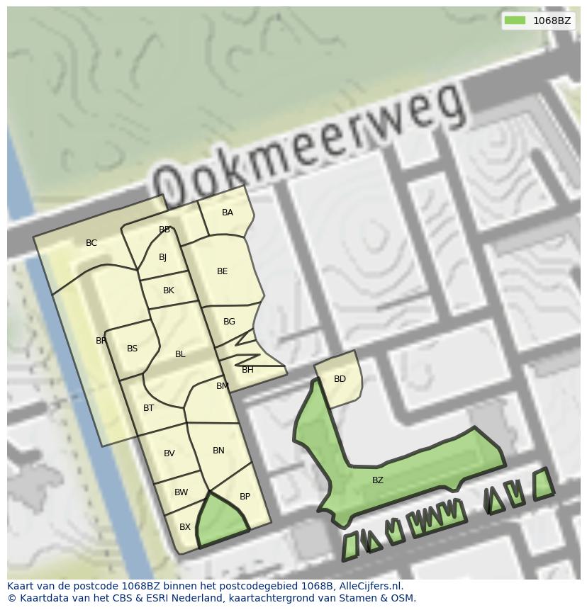 Afbeelding van het postcodegebied 1068 BZ op de kaart.