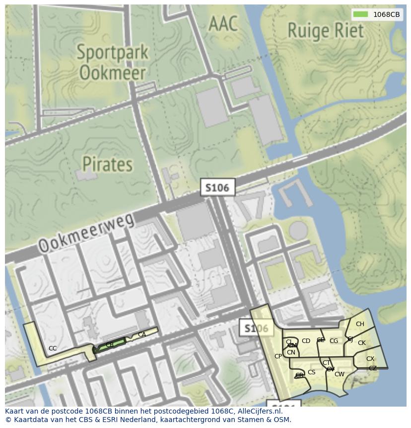 Afbeelding van het postcodegebied 1068 CB op de kaart.