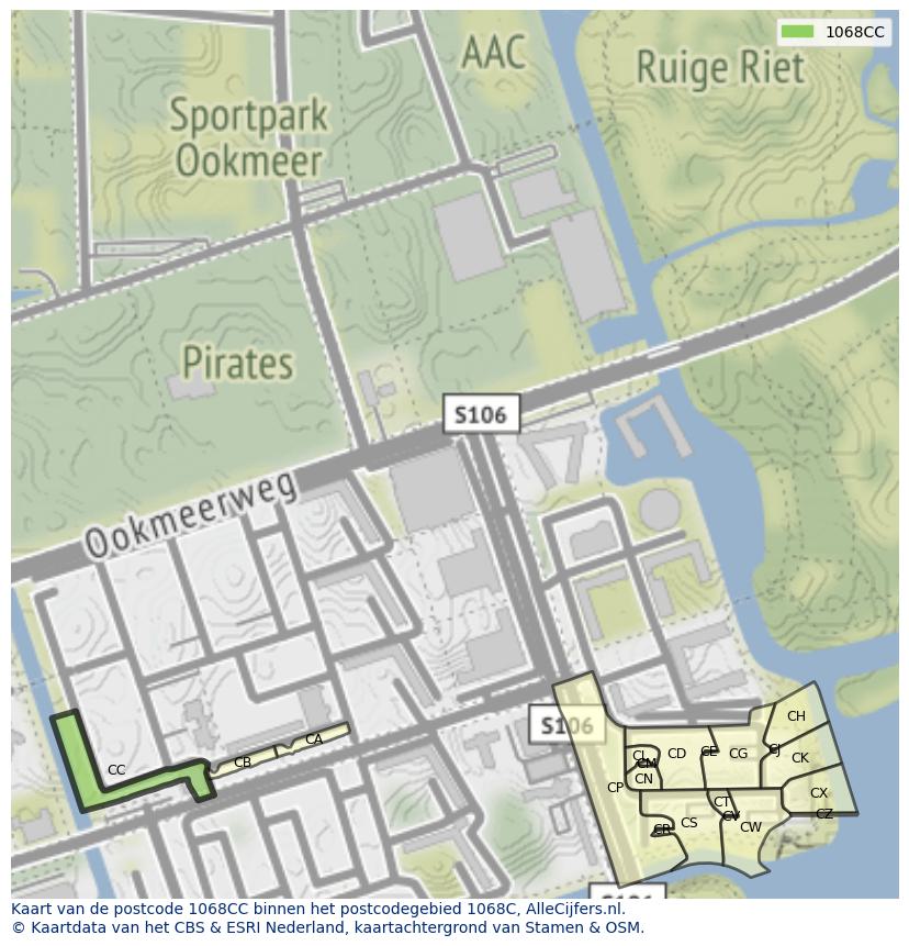Afbeelding van het postcodegebied 1068 CC op de kaart.