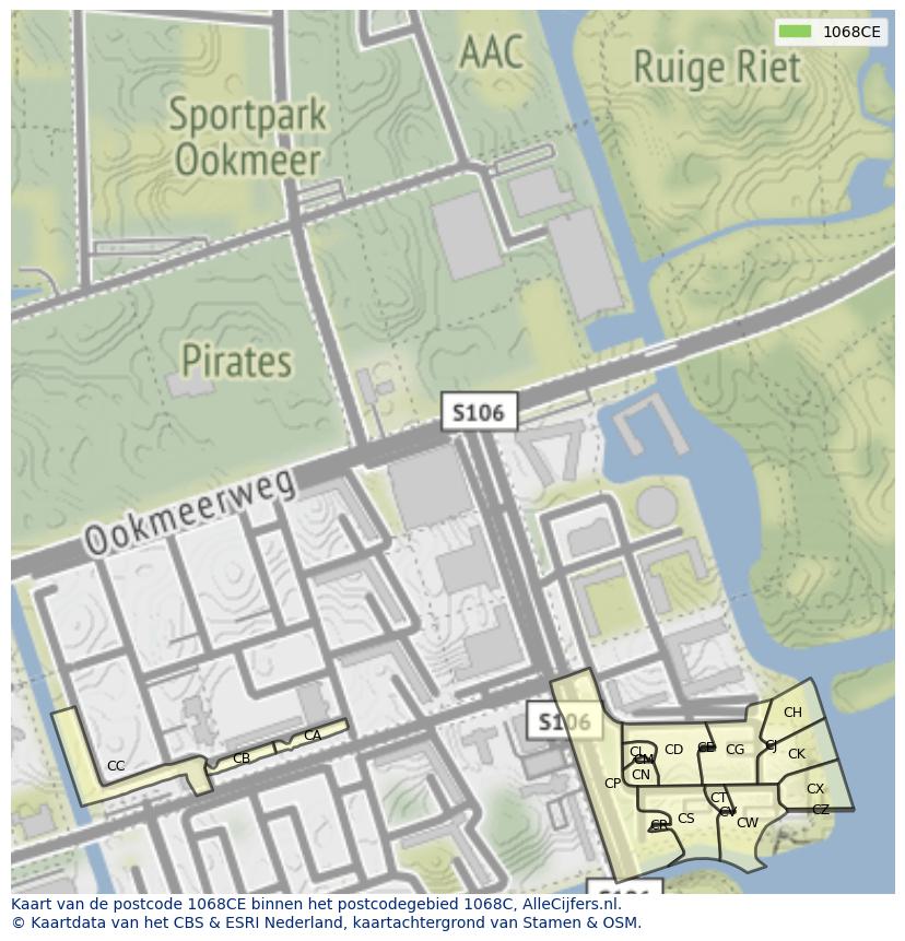 Afbeelding van het postcodegebied 1068 CE op de kaart.