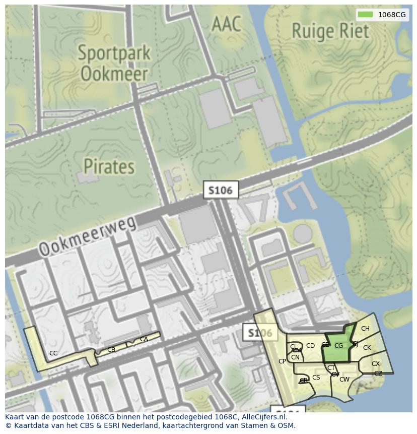 Afbeelding van het postcodegebied 1068 CG op de kaart.