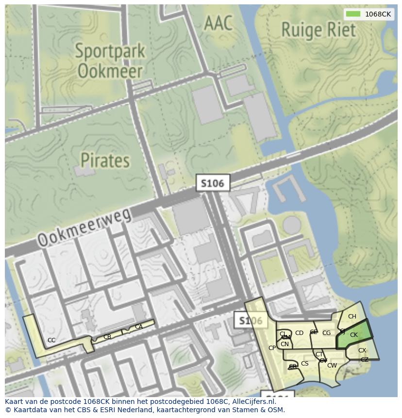 Afbeelding van het postcodegebied 1068 CK op de kaart.