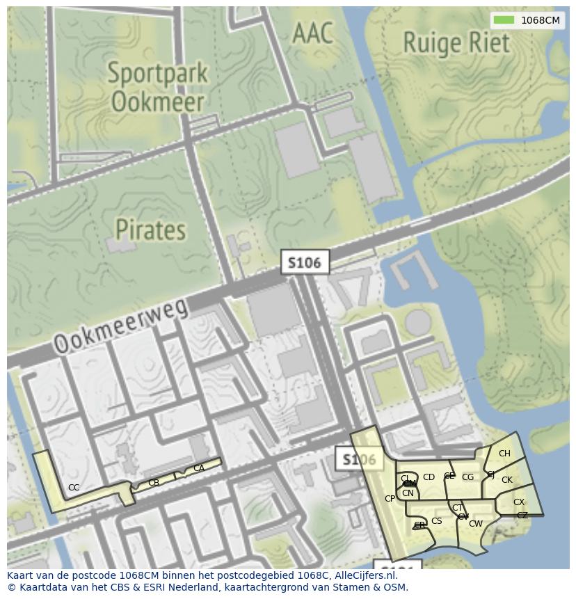 Afbeelding van het postcodegebied 1068 CM op de kaart.