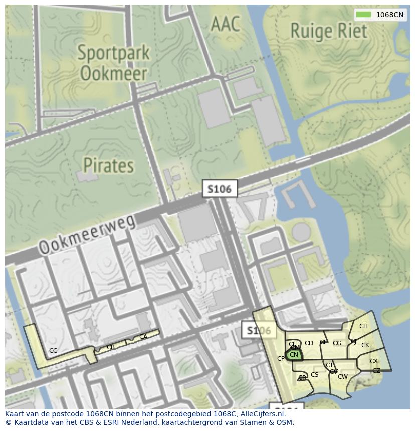 Afbeelding van het postcodegebied 1068 CN op de kaart.