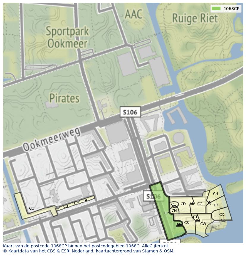 Afbeelding van het postcodegebied 1068 CP op de kaart.