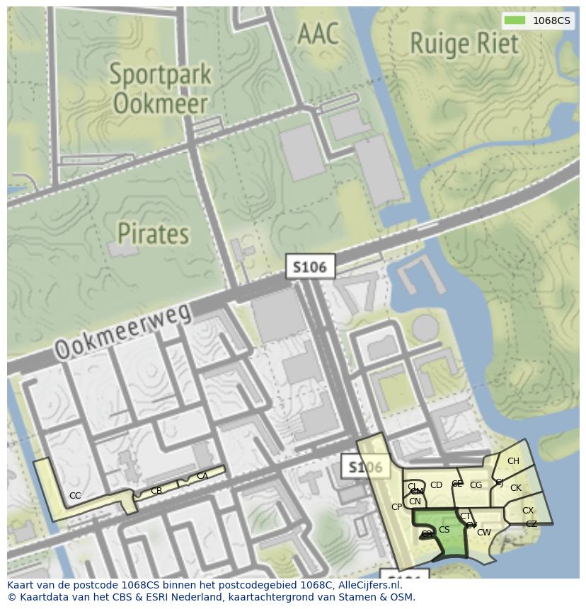 Afbeelding van het postcodegebied 1068 CS op de kaart.