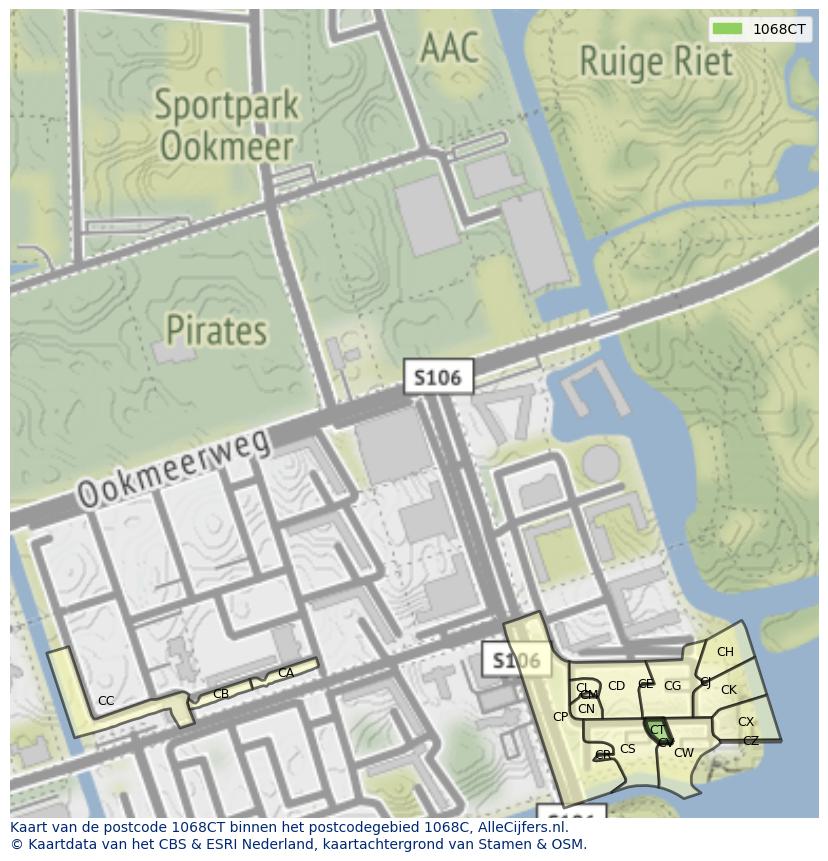 Afbeelding van het postcodegebied 1068 CT op de kaart.