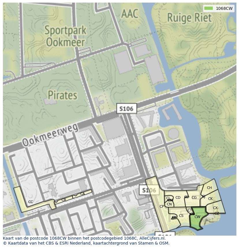 Afbeelding van het postcodegebied 1068 CW op de kaart.