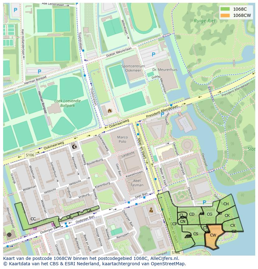 Afbeelding van het postcodegebied 1068 CW op de kaart.