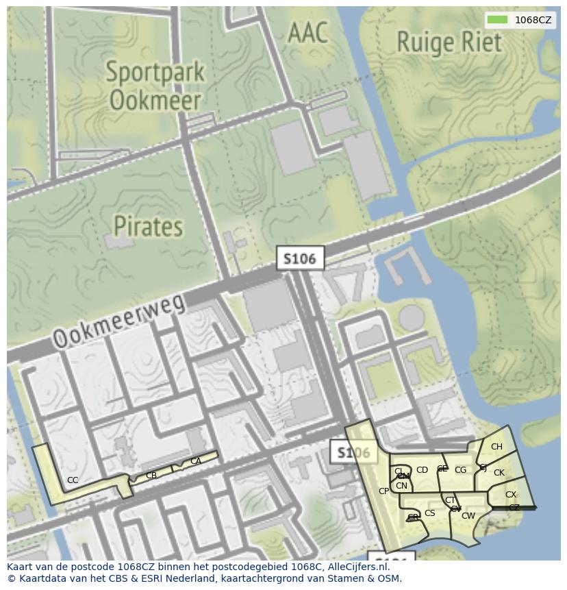 Afbeelding van het postcodegebied 1068 CZ op de kaart.