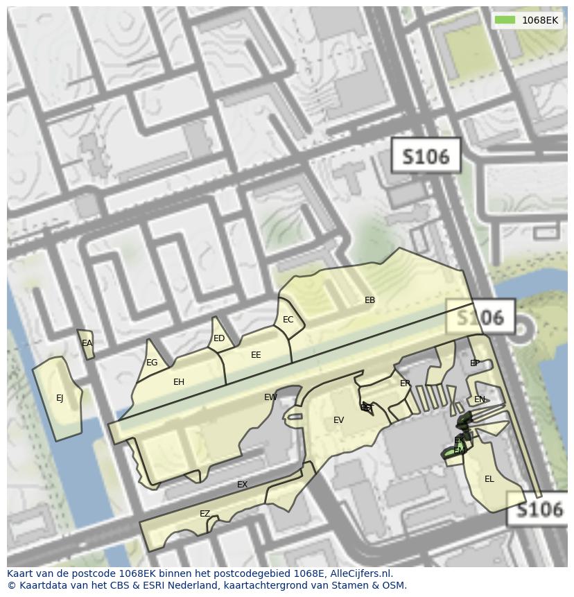 Afbeelding van het postcodegebied 1068 EK op de kaart.