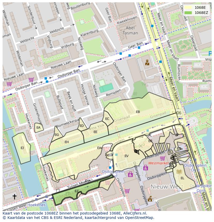 Afbeelding van het postcodegebied 1068 EZ op de kaart.