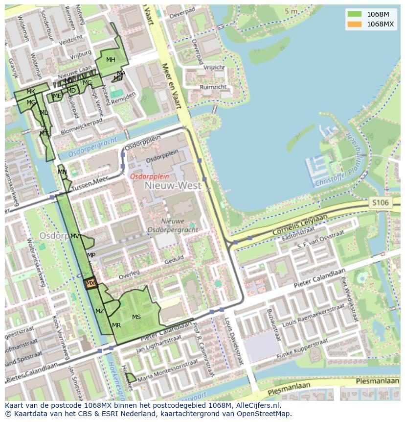 Afbeelding van het postcodegebied 1068 MX op de kaart.