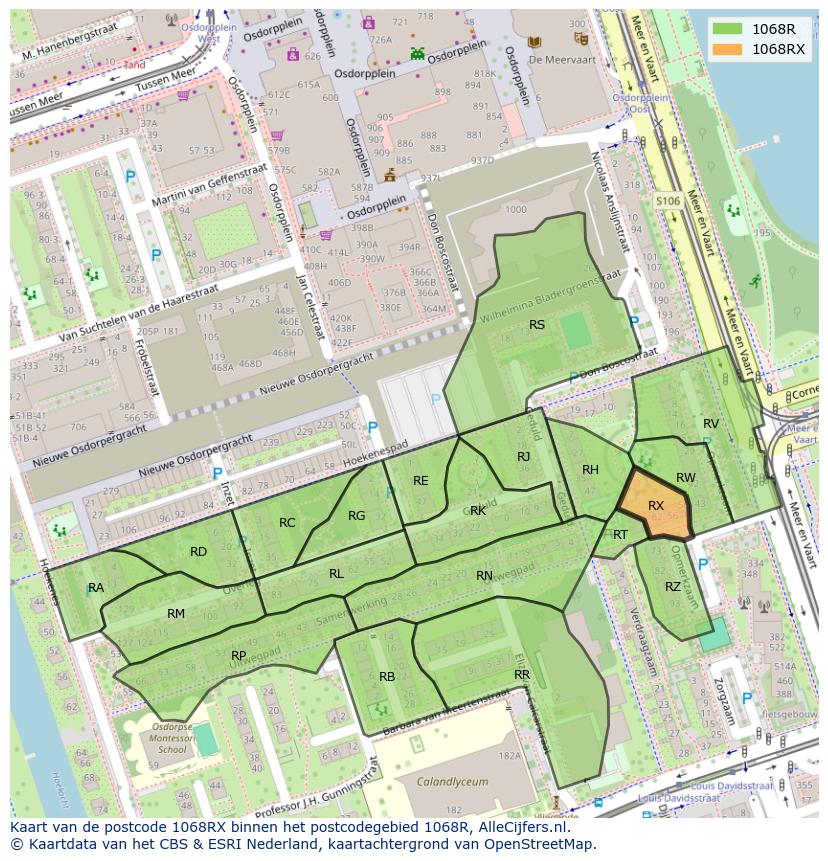 Afbeelding van het postcodegebied 1068 RX op de kaart.