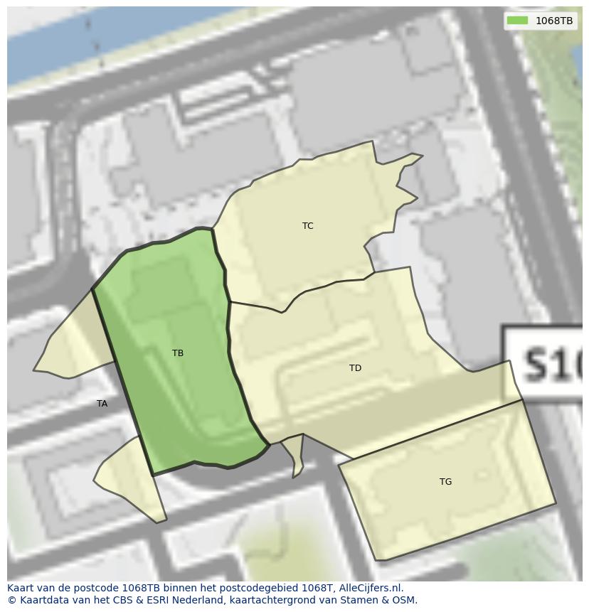 Afbeelding van het postcodegebied 1068 TB op de kaart.