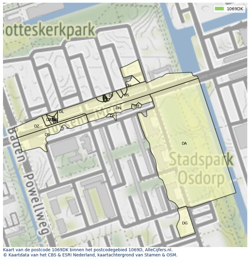 Afbeelding van het postcodegebied 1069 DK op de kaart.