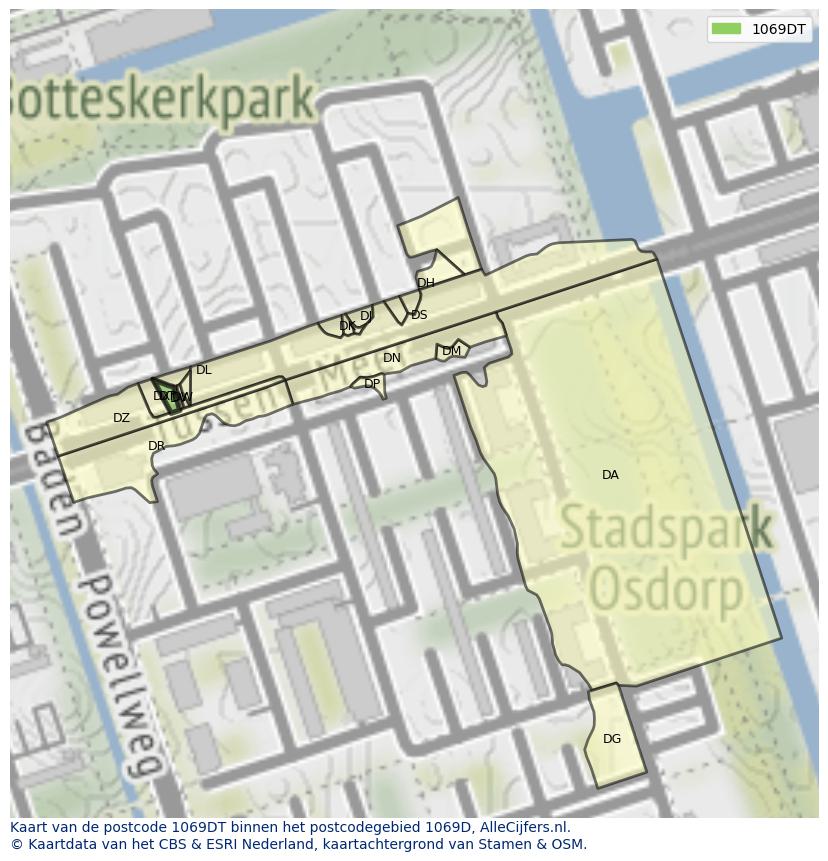 Afbeelding van het postcodegebied 1069 DT op de kaart.