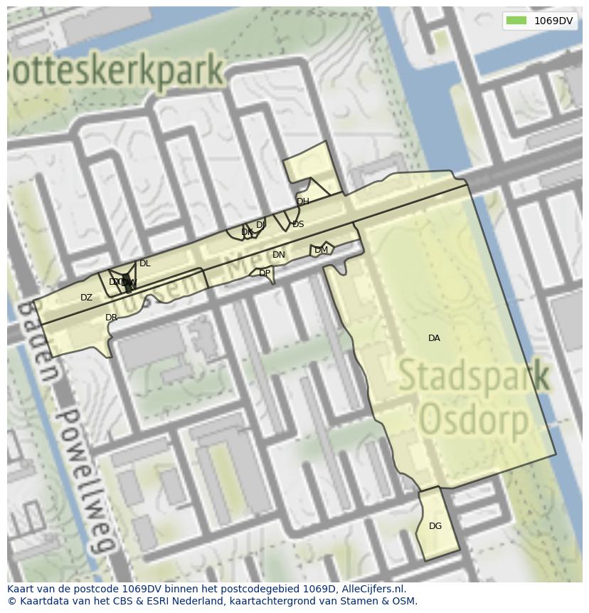 Afbeelding van het postcodegebied 1069 DV op de kaart.