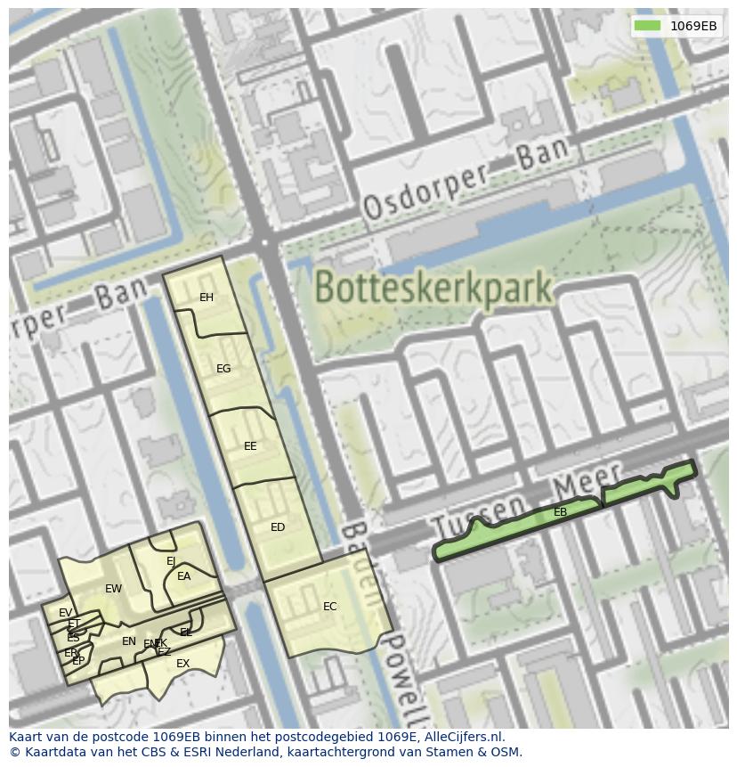 Afbeelding van het postcodegebied 1069 EB op de kaart.