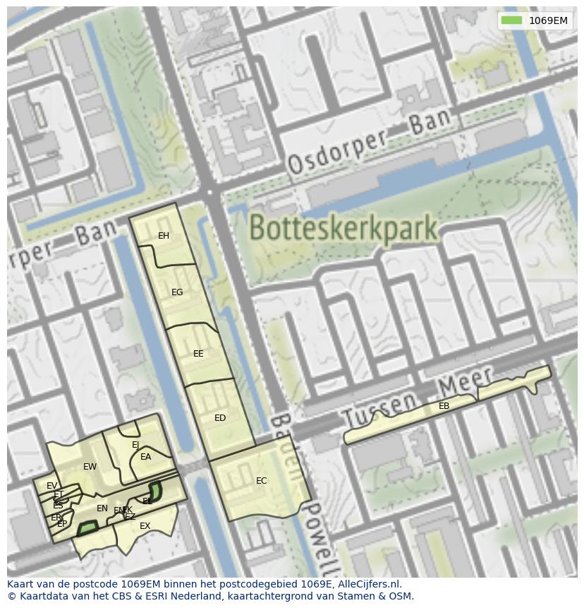 Afbeelding van het postcodegebied 1069 EM op de kaart.