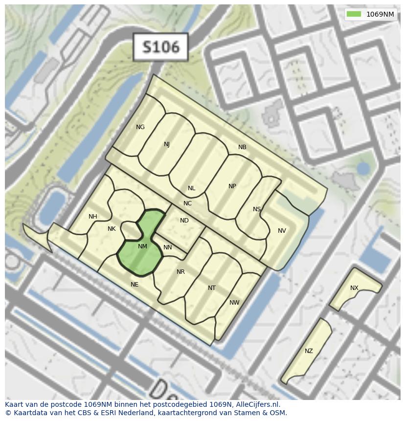 Afbeelding van het postcodegebied 1069 NM op de kaart.