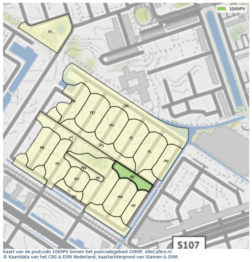 Afbeelding van het postcodegebied 1069 PV op de kaart.