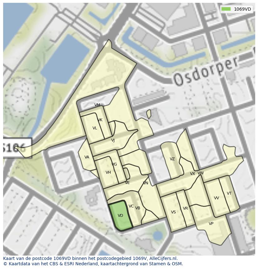 Afbeelding van het postcodegebied 1069 VD op de kaart.