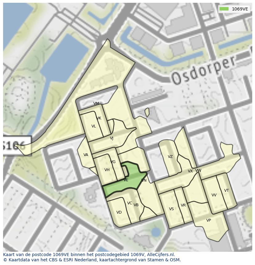 Afbeelding van het postcodegebied 1069 VE op de kaart.