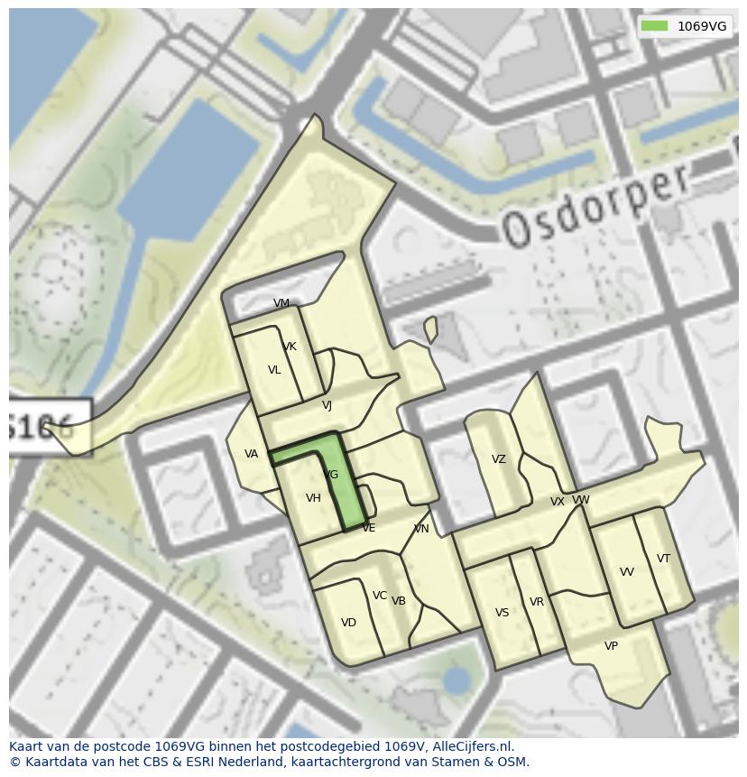 Afbeelding van het postcodegebied 1069 VG op de kaart.