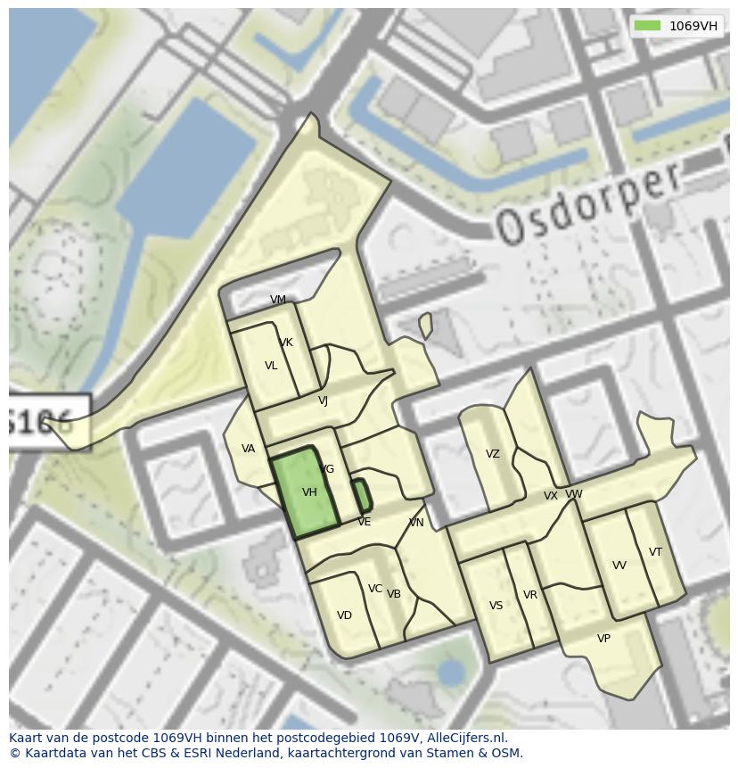 Afbeelding van het postcodegebied 1069 VH op de kaart.