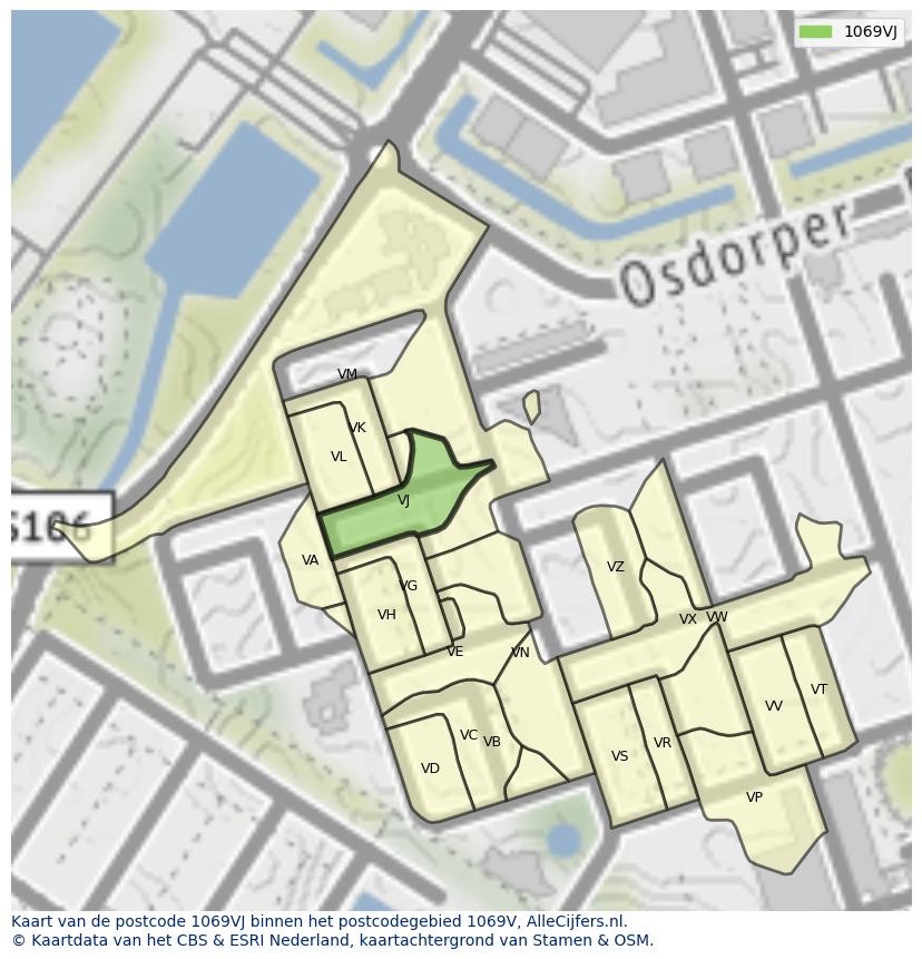 Afbeelding van het postcodegebied 1069 VJ op de kaart.