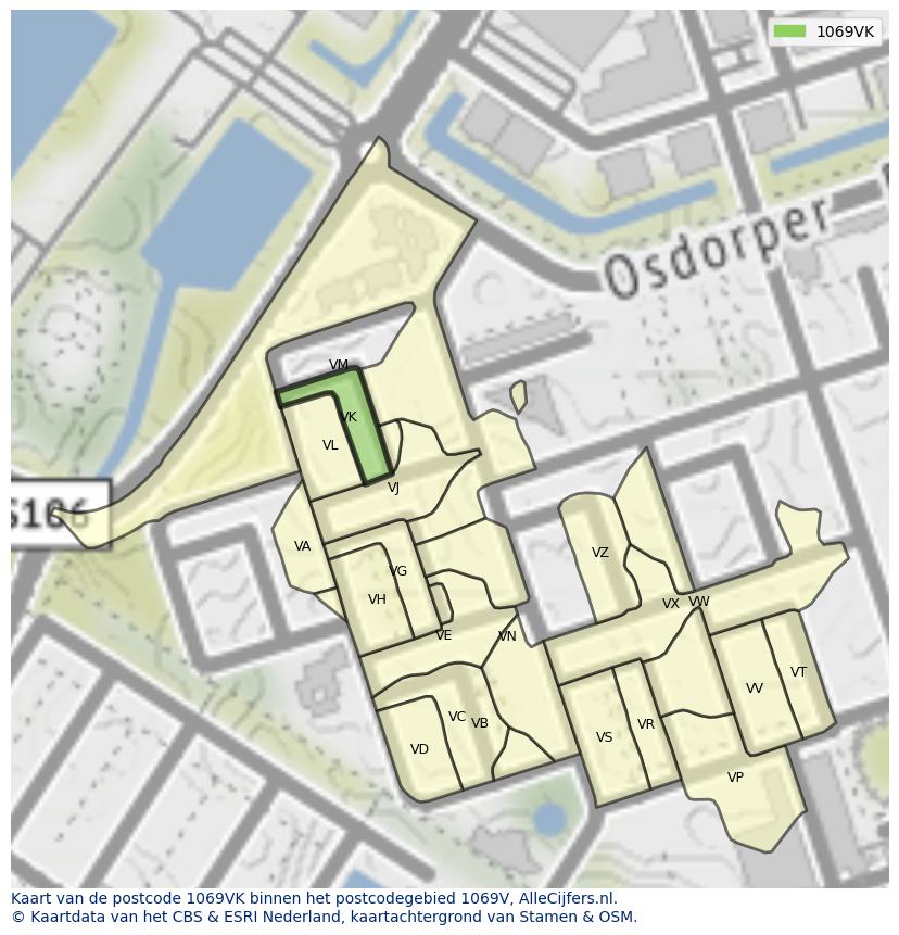 Afbeelding van het postcodegebied 1069 VK op de kaart.
